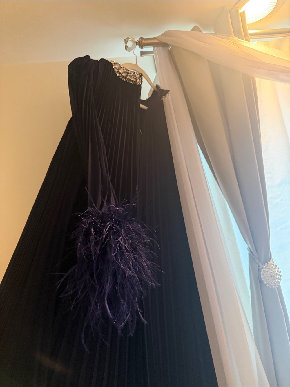 Self-Portrait Navy Pleated Maxi Dress with Feather Cuffs & Beaded Neckline - Picture 6 of 6